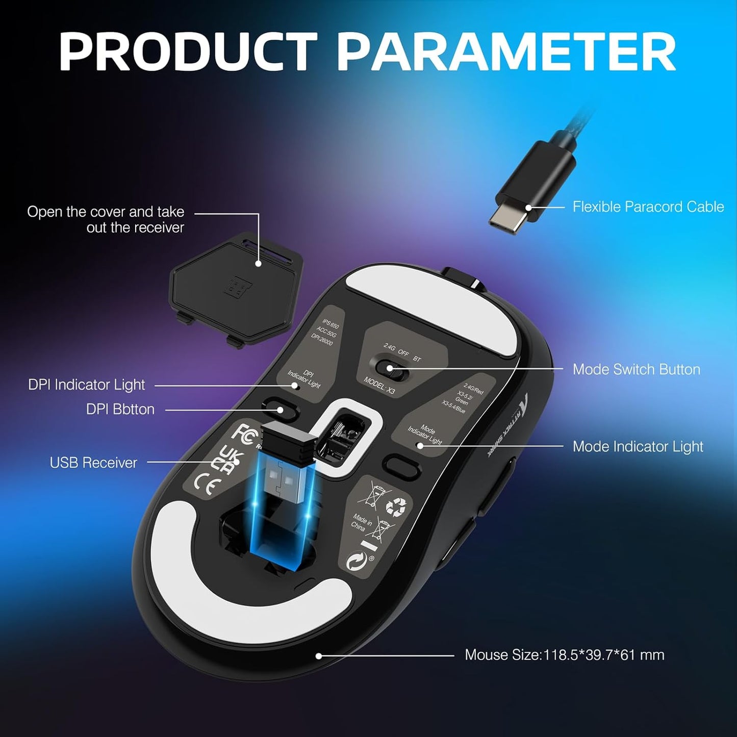 VGN GAMEPOWER x ATTACK SHARK X3 SUPERLIGHT Wireless Gaming Mouse, 49g Ultralight Mice, PixArt PAW3395, 26000 DPI, Tri-mode 2.4G/USB-C Wired/Bluetooth, G502, 200 Hrs Battery, Kailh GM8.0 Switch, Black