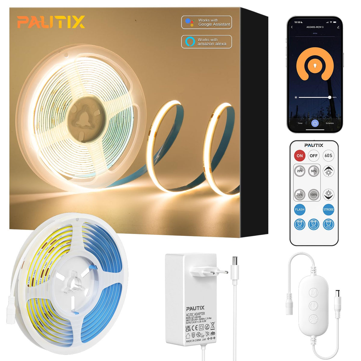 Banda LED PAUTIX COB 10m 2700K 24V Dimmabila cu telecomanda RF