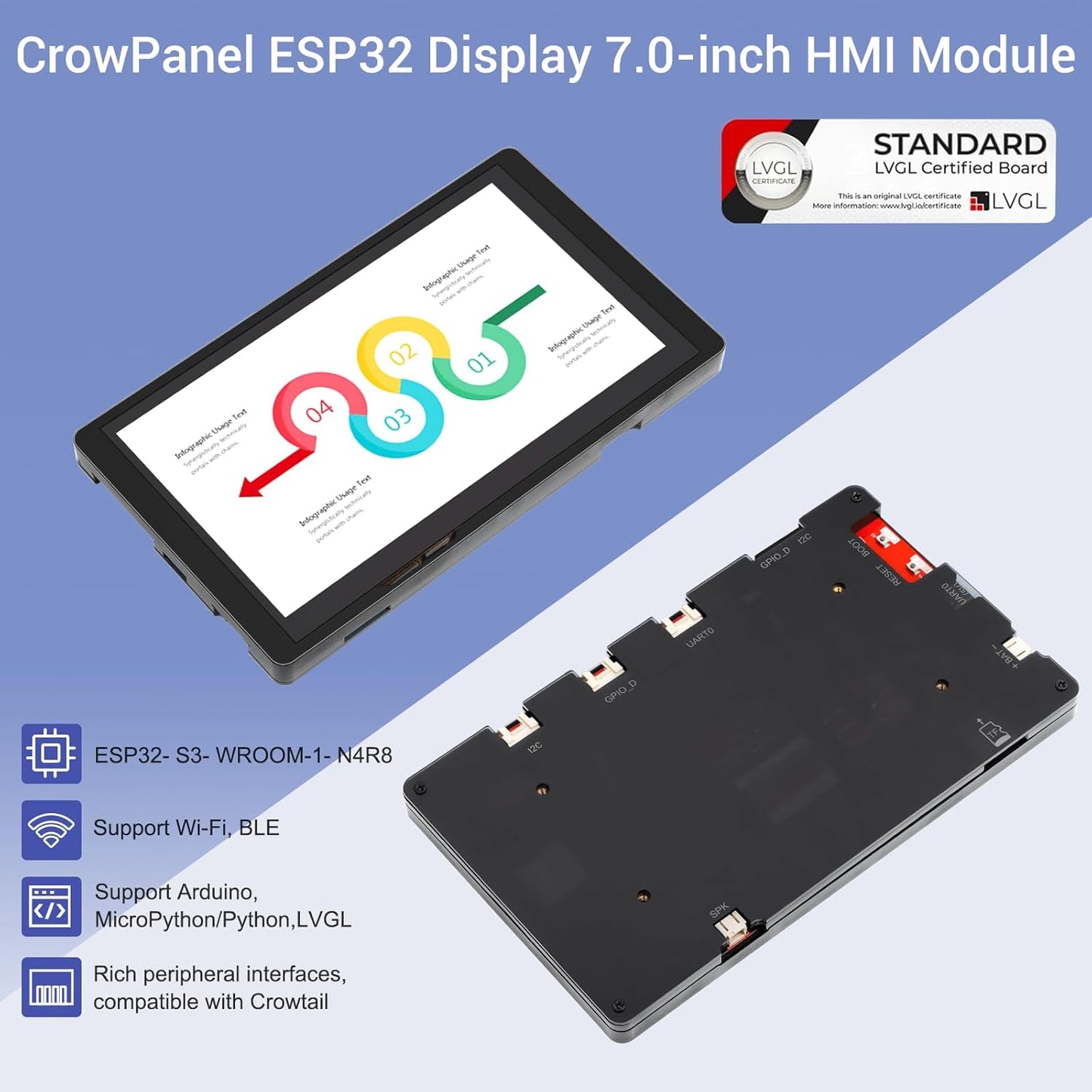 ELECROW Moniteur Tactile, 7.0 Zoll ESP32 HMI Display 800x480 RGB TFT LCD Touchscreen Kompatibel mit LVGL/Esphome-homeassistant/PlatformIO/Micropython
