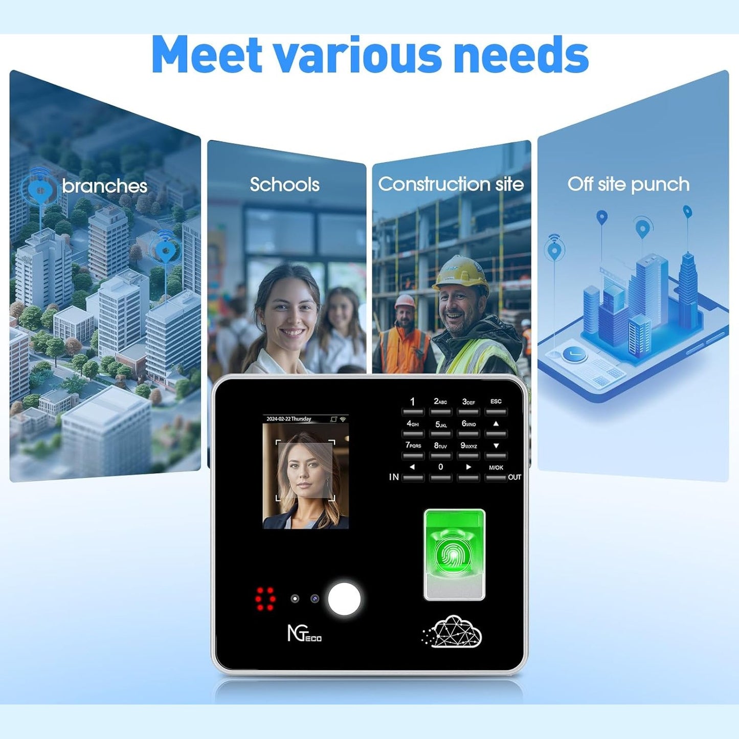 NGTeco TC1 Cloud Clocking in Machine for Employees Small Business with Face, Fingerprint, RFID and PIN Punching in One, Employee time clock with Professional Remote Control Software (0 Monthly Fee)
