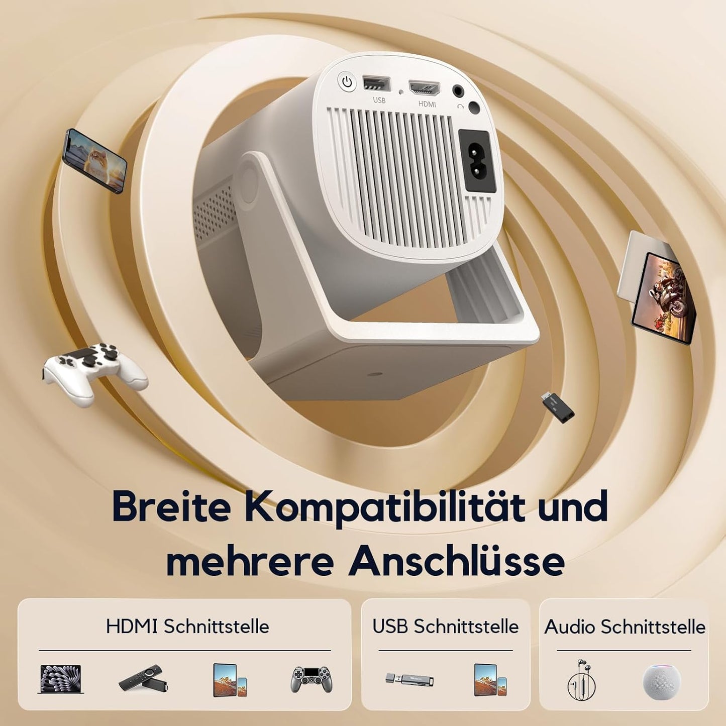 AKIYO Mini Beamer【Automatische Trapezkorrektur】200 ANSI Beamer Handy Full HD 1080P Unterstützt mit Bluetooth 5.2, 270° Drehung und 50% Zoom Projektor Kompatibel mit iOS/Android/PS5/Fire Stick/HDMI/USB