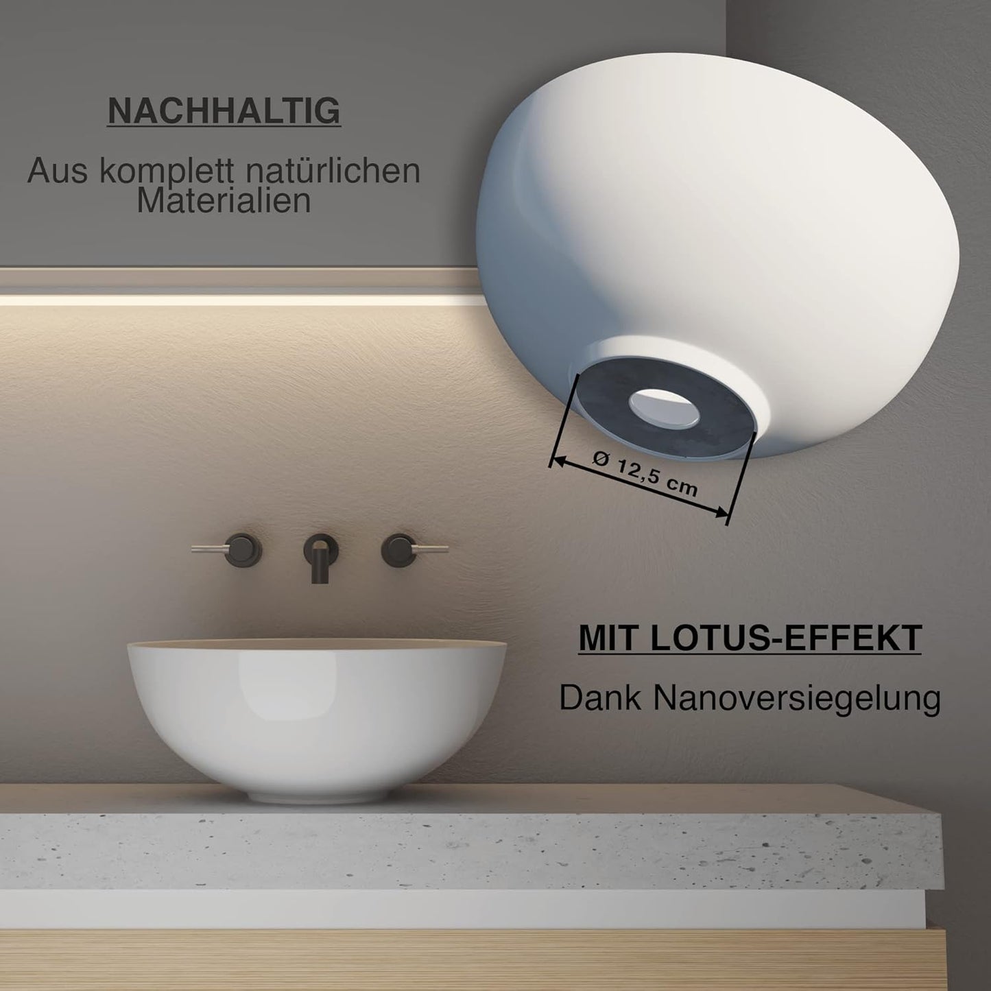 VMbathrooms Premium Round Washbasin with Lotus Effect, Above-Counter Basin for the Bathroom and Guest Toilet, Wash Basin without Tap Hole and without Overflow, Pure White Above-Counter Basin