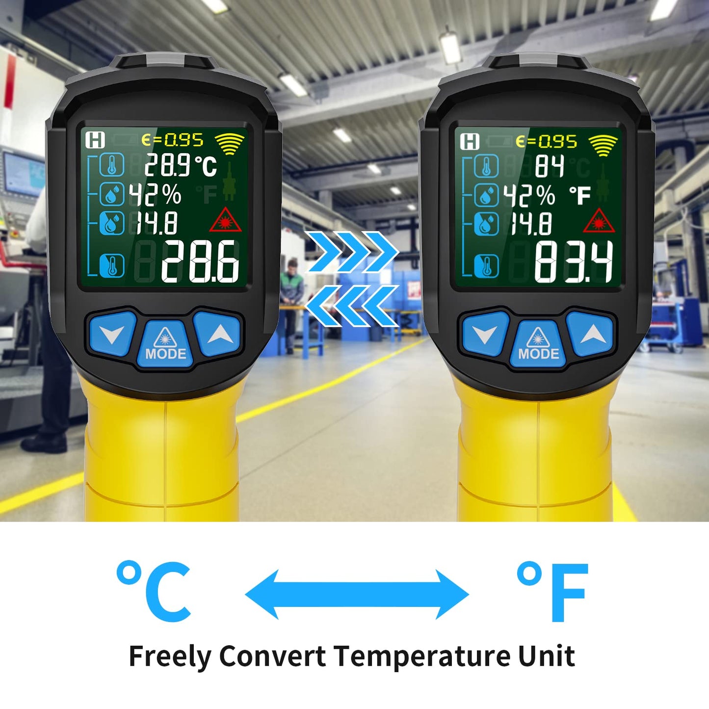 MESTEK Infrared Thermometer Temperature Gun with K Probe Non-Contact Laser Digital Thermometer -58℉~1472℉(-50℃~800℃) Color LCD Screen Adjustable Emissivity Humidity Cooking BBQ Oven Pizza Car Fridge