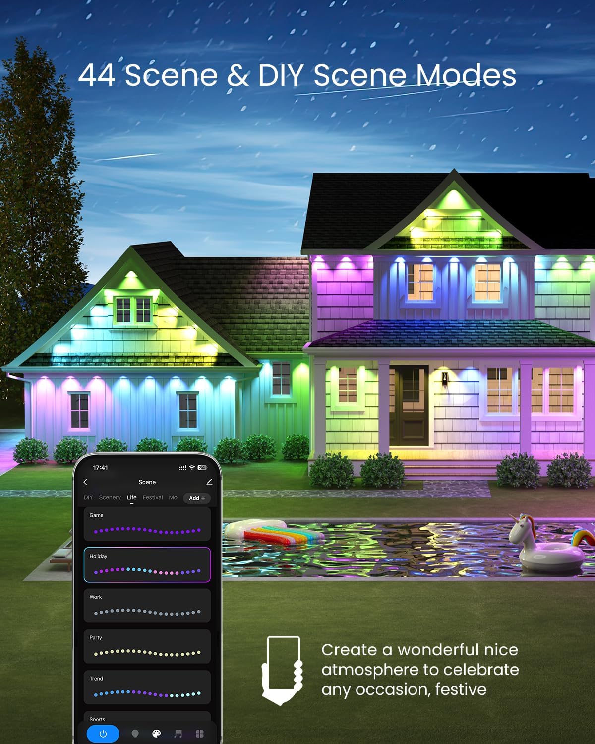HomaVida Permanent Outdoor Lights 100ft, Christmas DIY Decor, Smart RGB+IC Outdoor Lights for House with Remote, 72 LED IP65 Waterproof Eave Light for Holiday, Party, Work with Alexa, Google Assistant