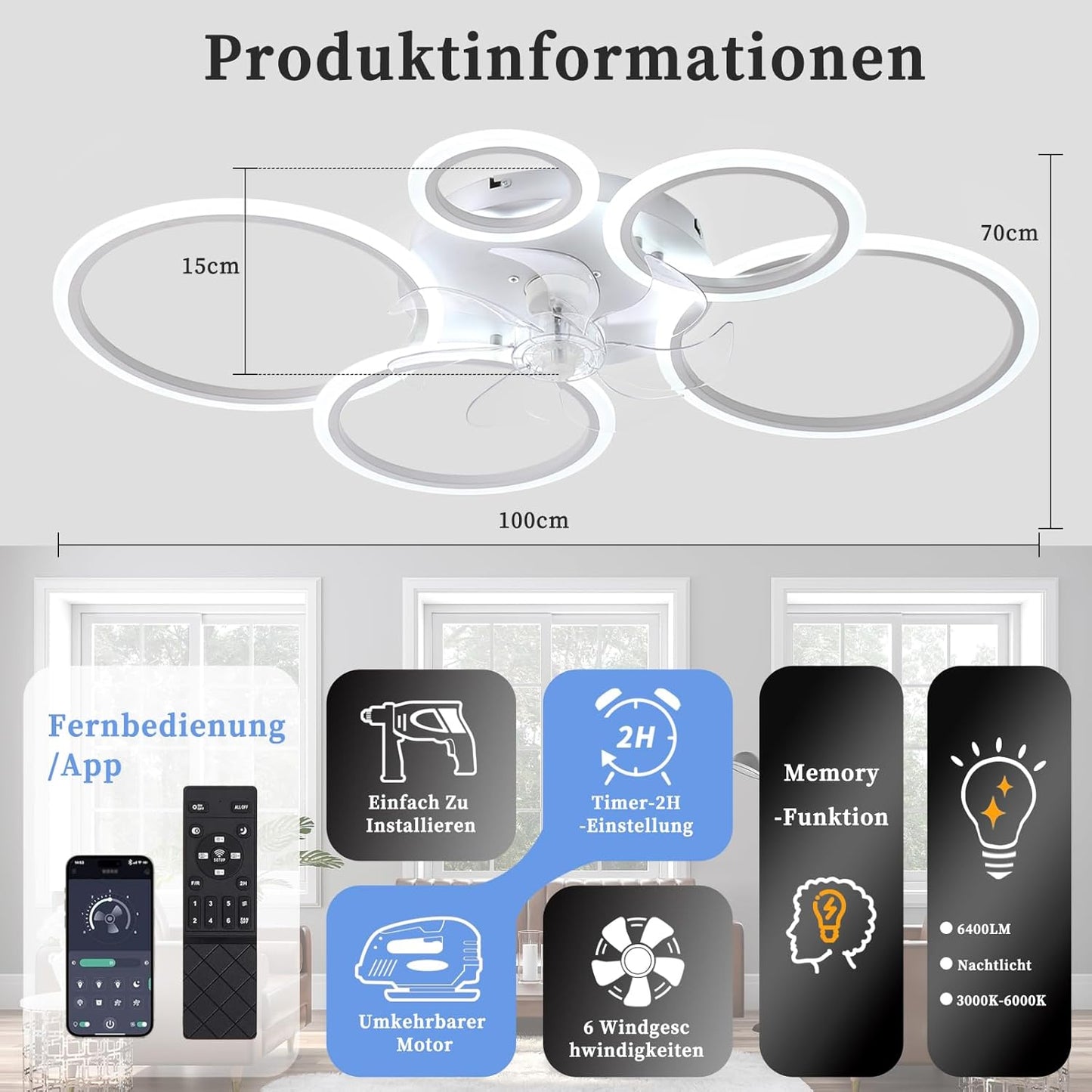 LED Ceiling Fan with Lighting, 100 cm Lamp with Fan and Remote Control App, 80 W Ceiling Light with Fan, Ceiling Fan with Light, Ceiling Fan for Bedroom, Living Room, White