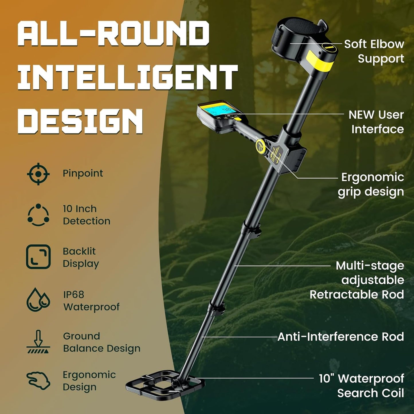 Metal Detector for Adults Waterproof - 2000mAh Chargeable Professional Cordless Gold Detector with LCD Display, Retractable Foldable Higher Accuracy Metal Detector with 10" IP68 Coil - OKESAM