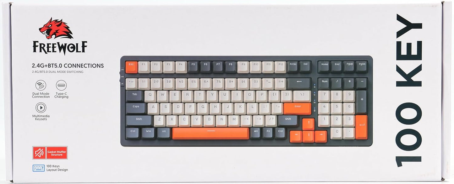 FREEWOLF K8 Wireless Hot Swap Mechanical Gaming Keyboard, Wired RGB Rainbow Backlit Keyboard Red Switch, Bluetooth 5.0/2.4Ghz/USB- C Tri Mode with 4000mAH Battery, US Layout for Mac/Win - Blue/White