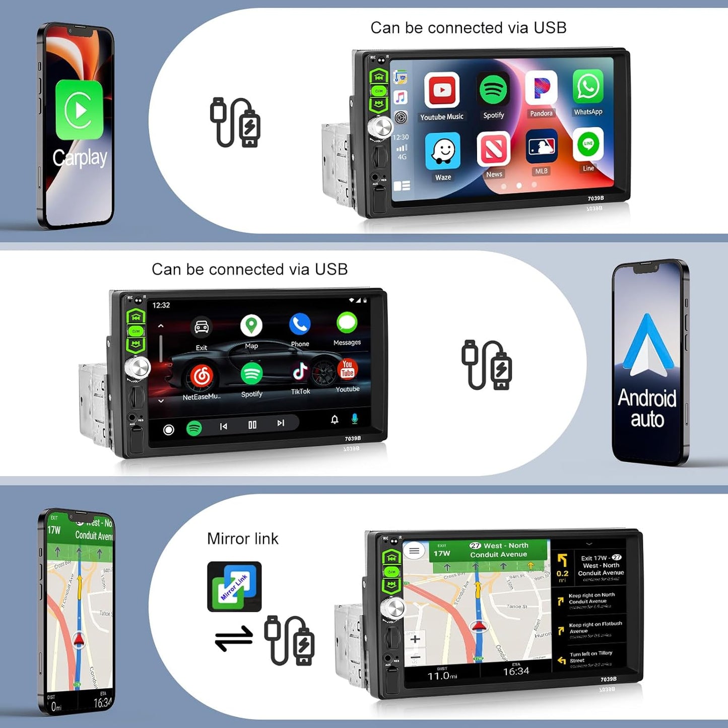 CAMECHO 1 DIN Car Radio with CarPlay Android Car 7 Inch Screen with Bluetooth Touchscreen with Reversing Camera Mirror Link FM Radio SWC USB