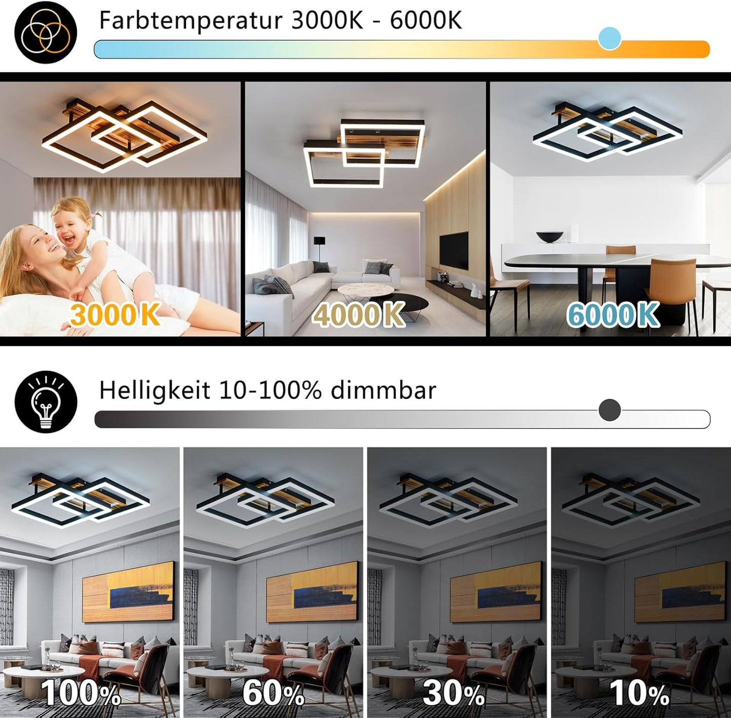 SEATAIN LED Ceiling Light Wood Dimmable Solid Wood Black Frame Vintage Ceiling Light with Remote Control 40 W 47 cm 4000 lm 3000-6000 K Bedroom Lamp Living Room Lamp Memory Function 4 W Night Light
