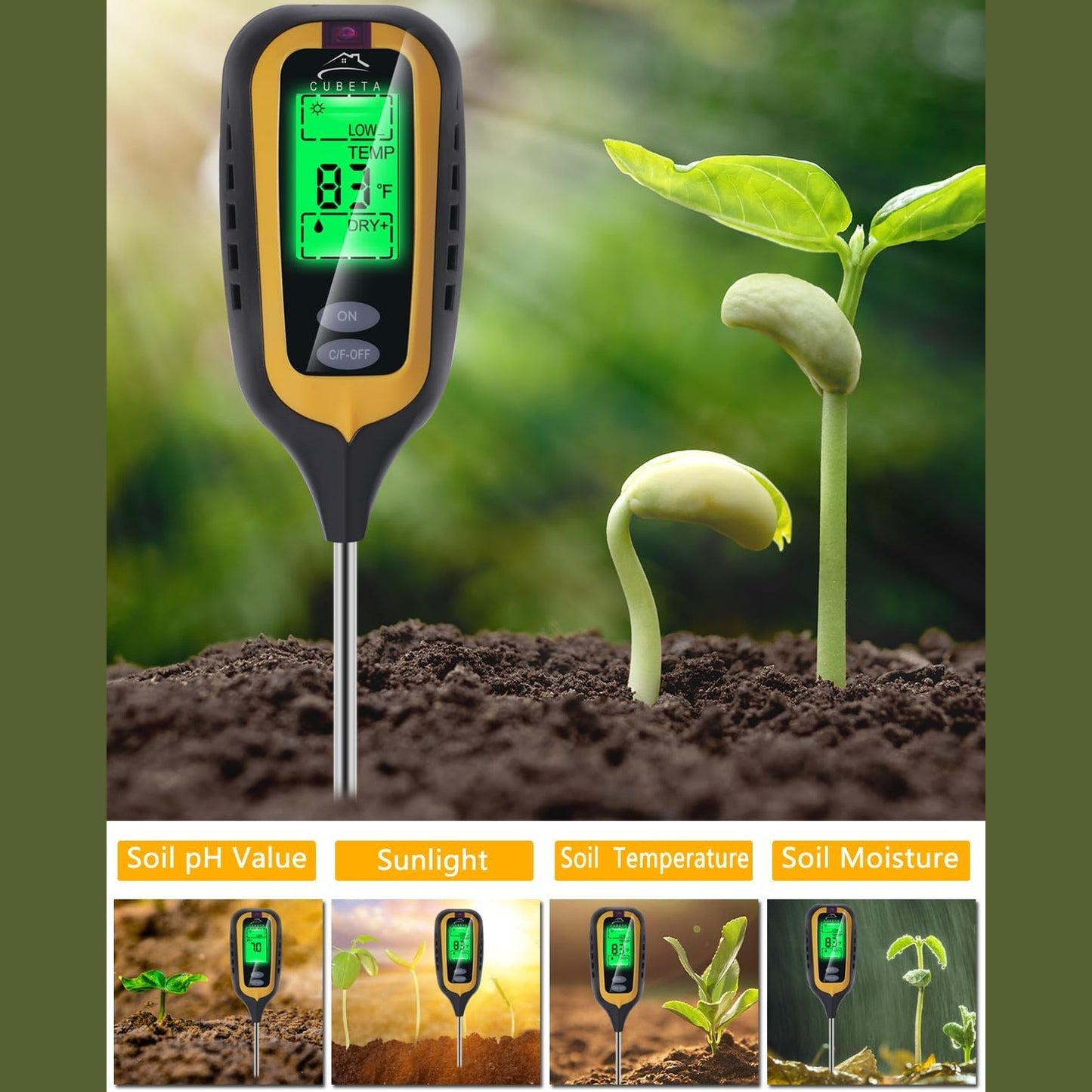 CUBETA Moisture Meter Plants Moisture Meter 4 in 1 Humidity/Temperature/pH/Light for Gardening, Lawn, Indoor Plants (Yellow)