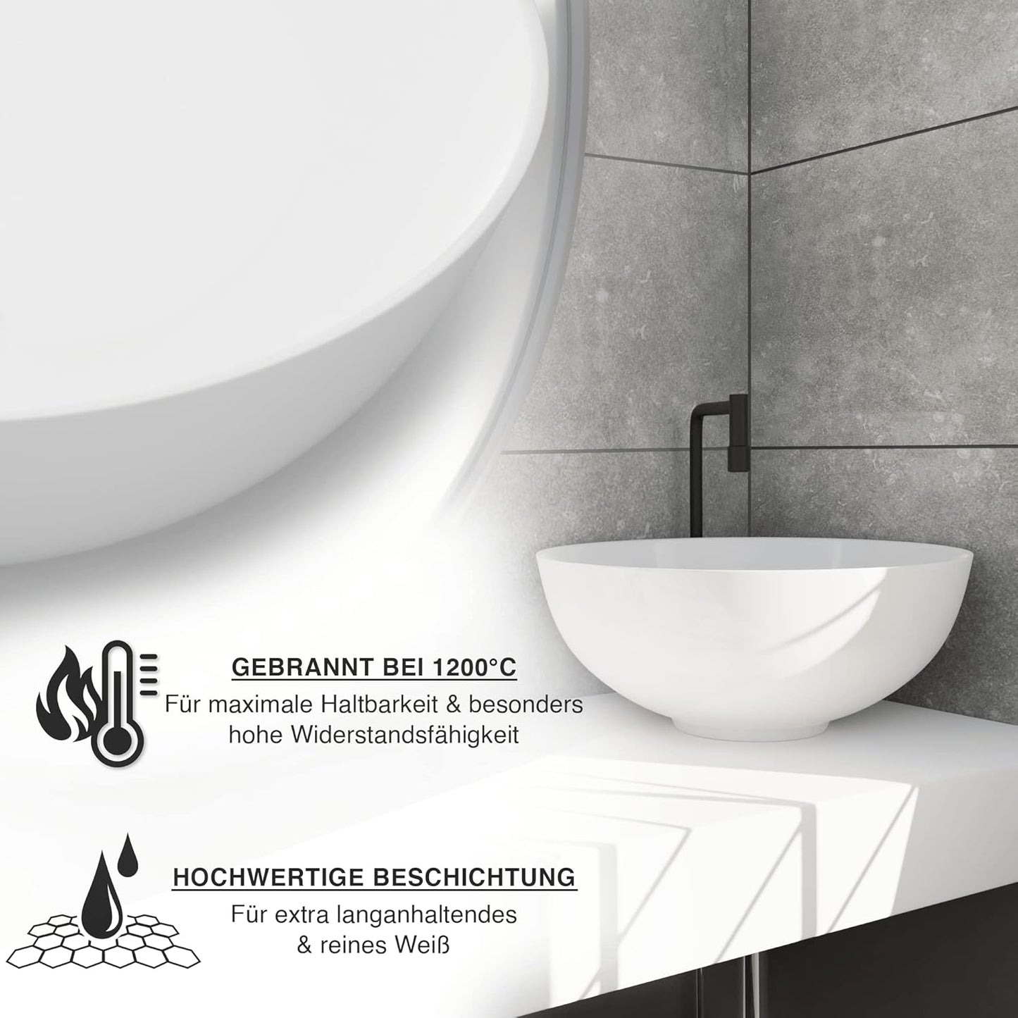 VMbathrooms Premium Round Washbasin with Lotus Effect, Above-Counter Basin for the Bathroom and Guest Toilet, Wash Basin without Tap Hole and without Overflow, Pure White Above-Counter Basin
