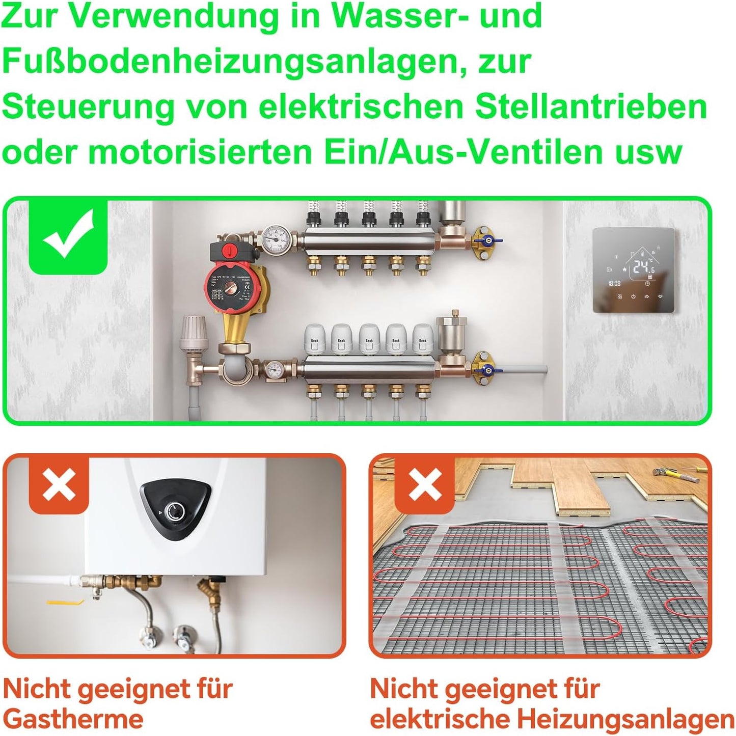 Beok Mirror Thermostat Underfloor Heating Smart WiFi Room Thermostat Heating Thermostat with Digital LCD Wall Thermostat for Water Underfloor Heating Compatible Tuya, Alexa, Google Home 3A