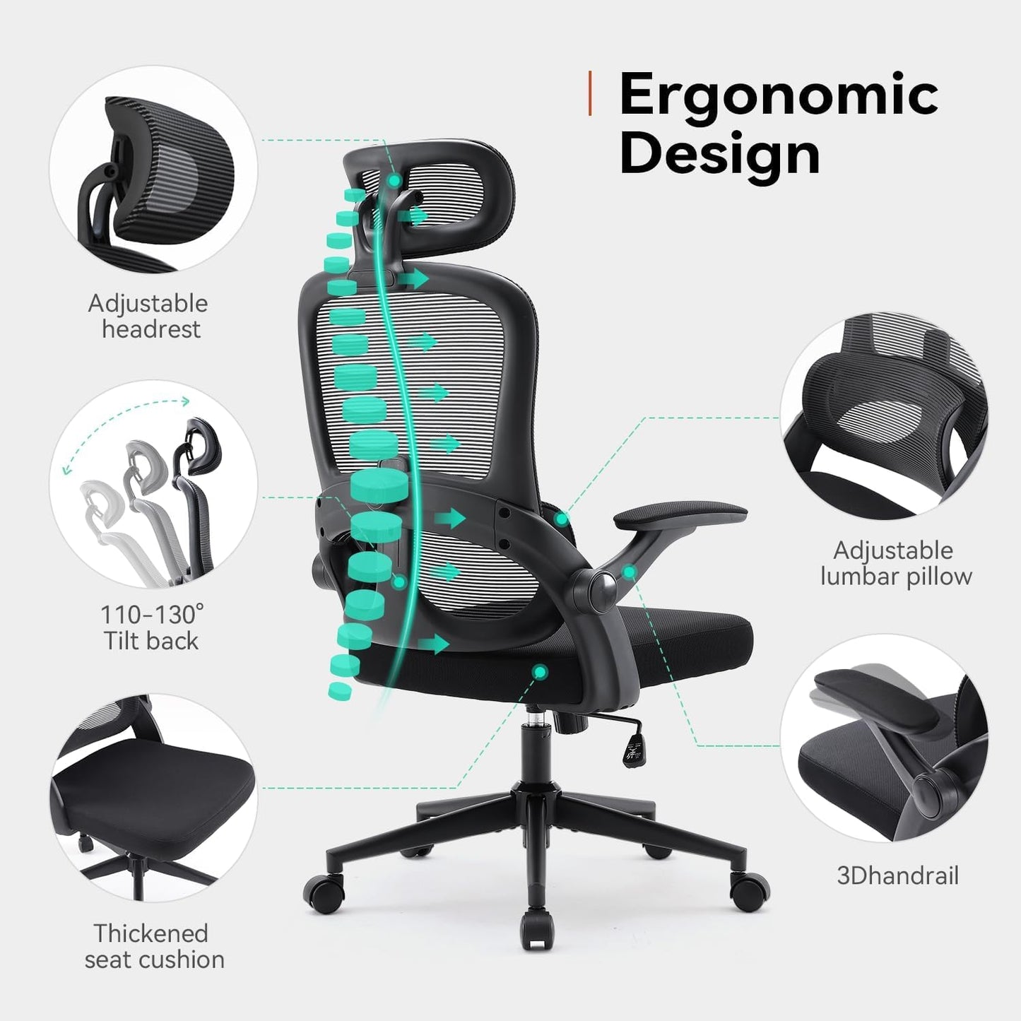SIHOO Ergonomic Office Chair, Office Chair with Up&Down Lumbar, High Back Home Desk Chair with 3D Armrests, Computer Chair with Adjustable 2D Headrest, Tilt Function Black