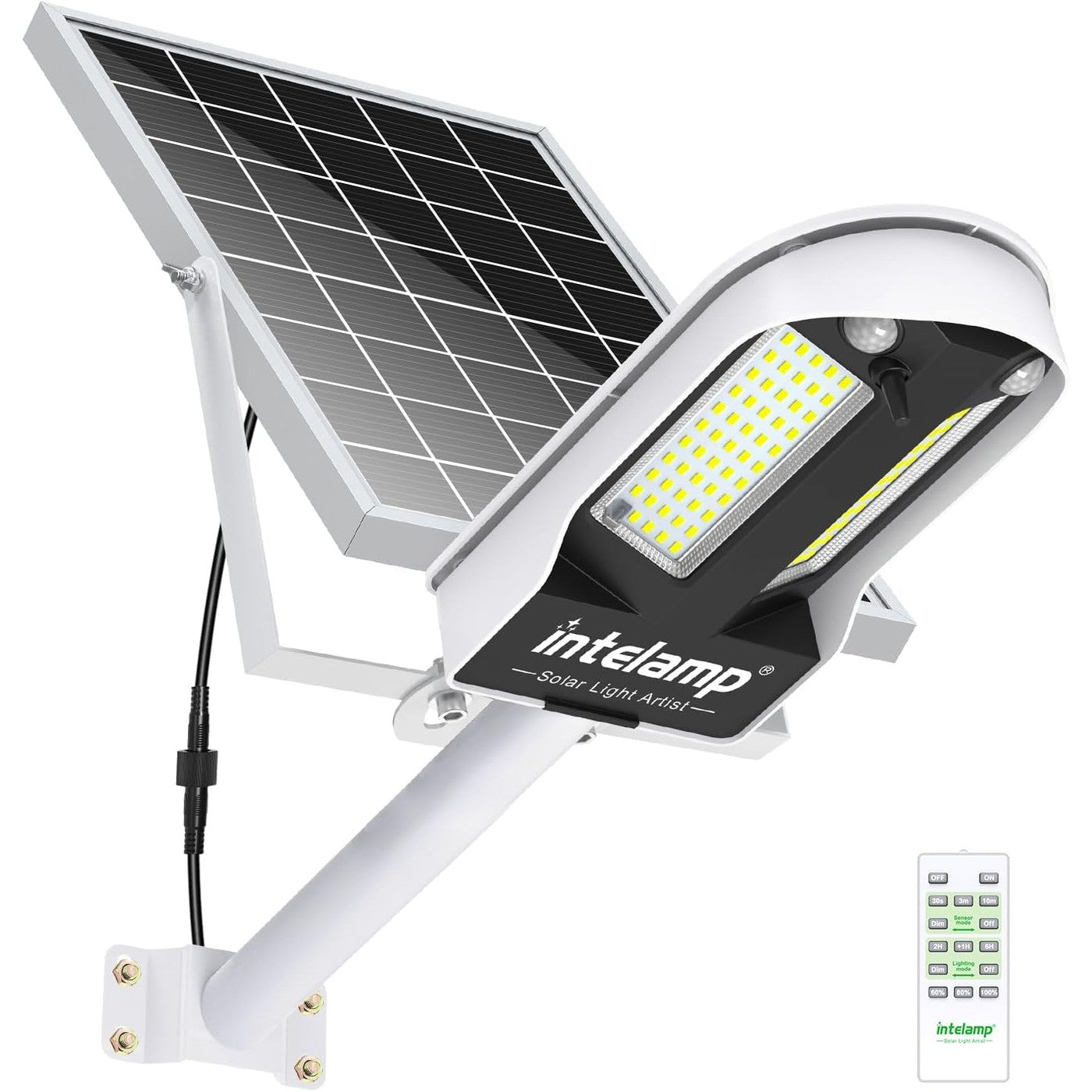 intelamp Outdoor Solar Street Light, Dual Motion Sensor, 12500 mAh 3000 lm Super Bright Outdoor Solar Spotlight with Remote Control, 4 Modes Outdoor Solar Lamp