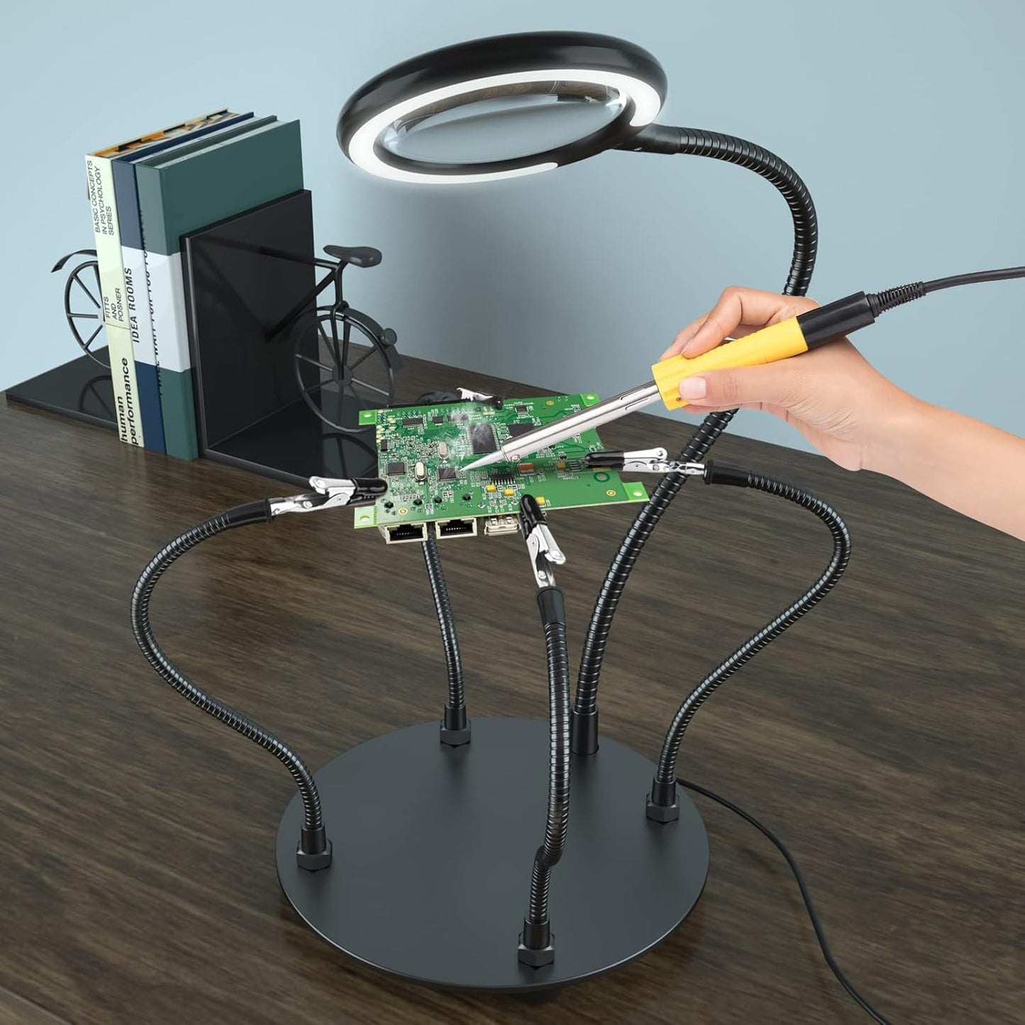 Magnifying Glass with Light, Third Hand Soldering, 3x Magnification Helping Hands Daylight Magnifying Lamp with Light with 28 Dimmable LEDs, Heavy Duty Base, 4 Flexible Helping Arms, Illuminated for
