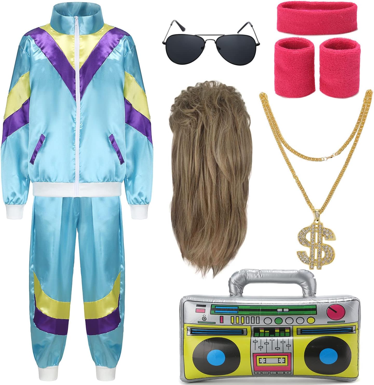 FOVER 80s Outfit, Men's, Women's Costume, Tracksuit, Pop Art, Retro Style Costume, Accessories Set with Inflatable Radio Sunglasses, Necklace, Sweatband for Theme Party, Fancy Dress