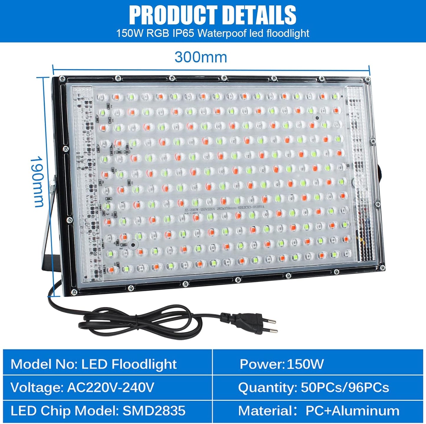 Eleganted LED RGB Outdoor Spotlight, 150 W, 2 Pieces, Super Bright LED Floodlight with Plug, Construction Spotlight, IP65 Waterproof Outdoor Spotlight for Yard, Garden, Garage, Sports Field