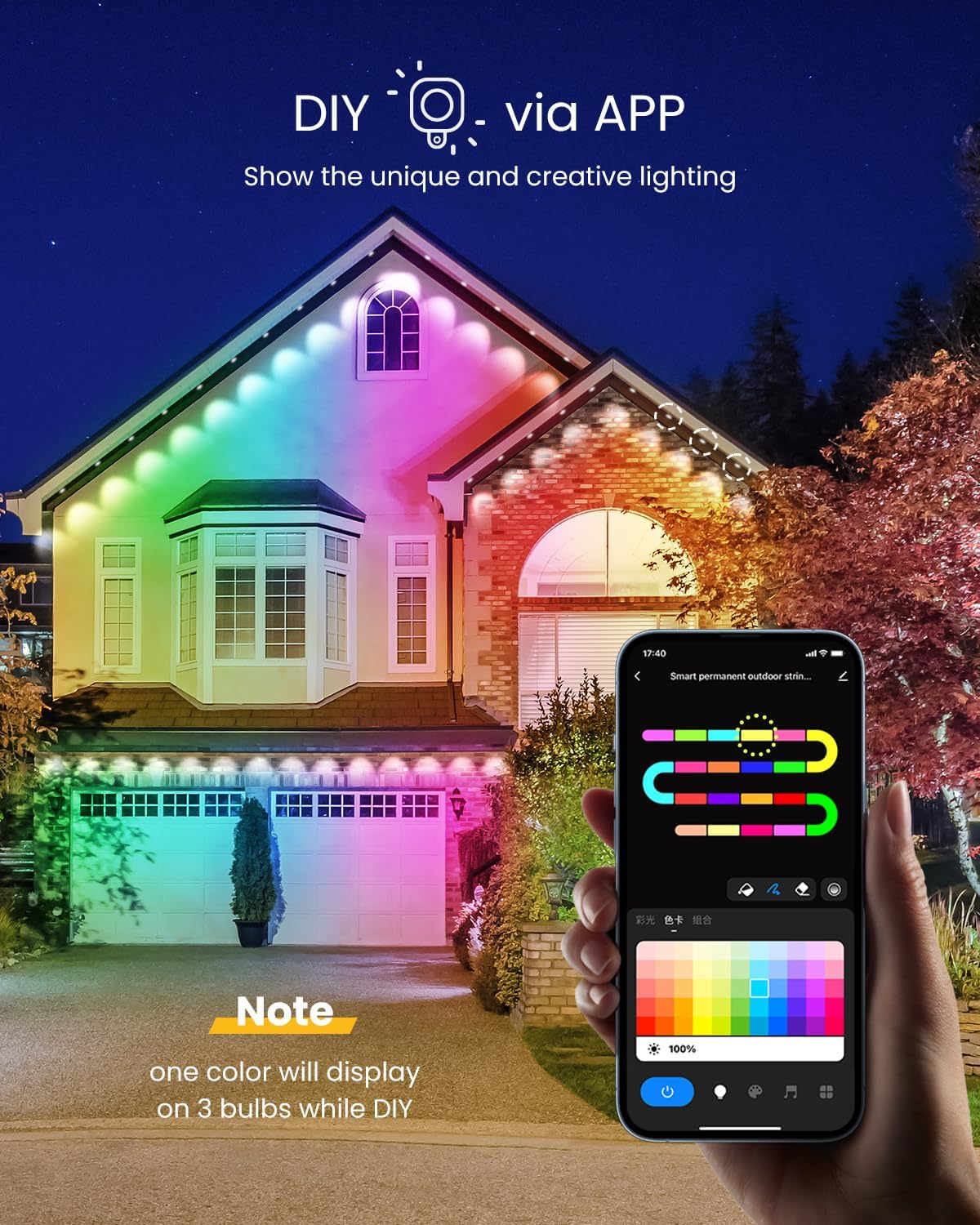 HomaVida Permanent Outdoor Lights 100ft, Christmas DIY Decor, Smart RGB+IC Outdoor Lights for House with Remote, 72 LED IP65 Waterproof Eave Light for Holiday, Party, Work with Alexa, Google Assistant