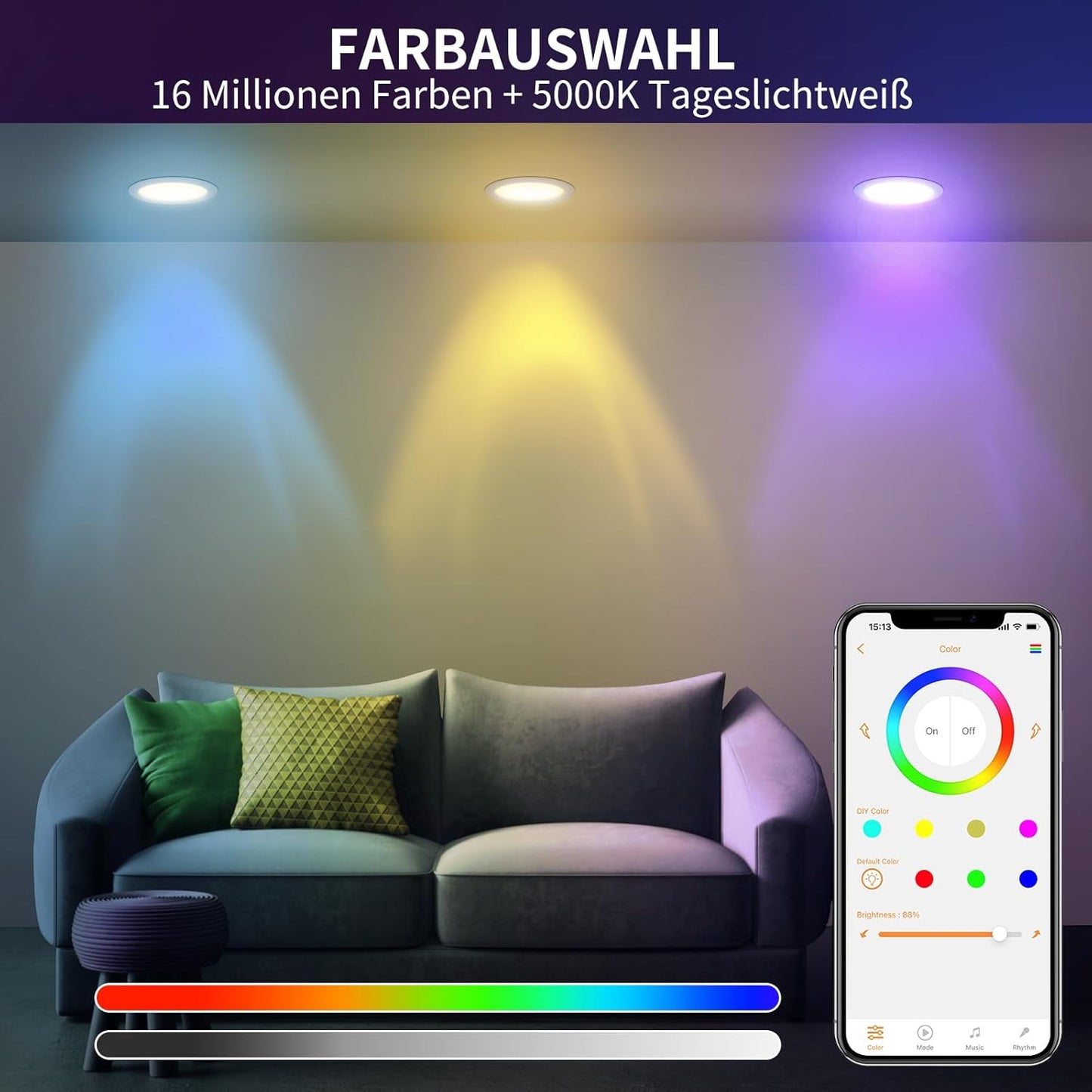 DUSKTEC Smartee LED Spotlight RGB, LED Recessed Spotlight, 230 V Flat, Alexa Compatible, Bluetooth Ceiling Spotlights, Colour Changing, 10 W, 1000 LM, IP44 Recessed Lights, White, Dimmable with App