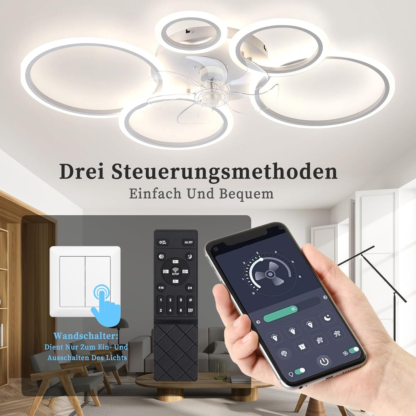 LED Ceiling Fan with Lighting, 100 cm Lamp with Fan and Remote Control App, 80 W Ceiling Light with Fan, Ceiling Fan with Light, Ceiling Fan for Bedroom, Living Room, White