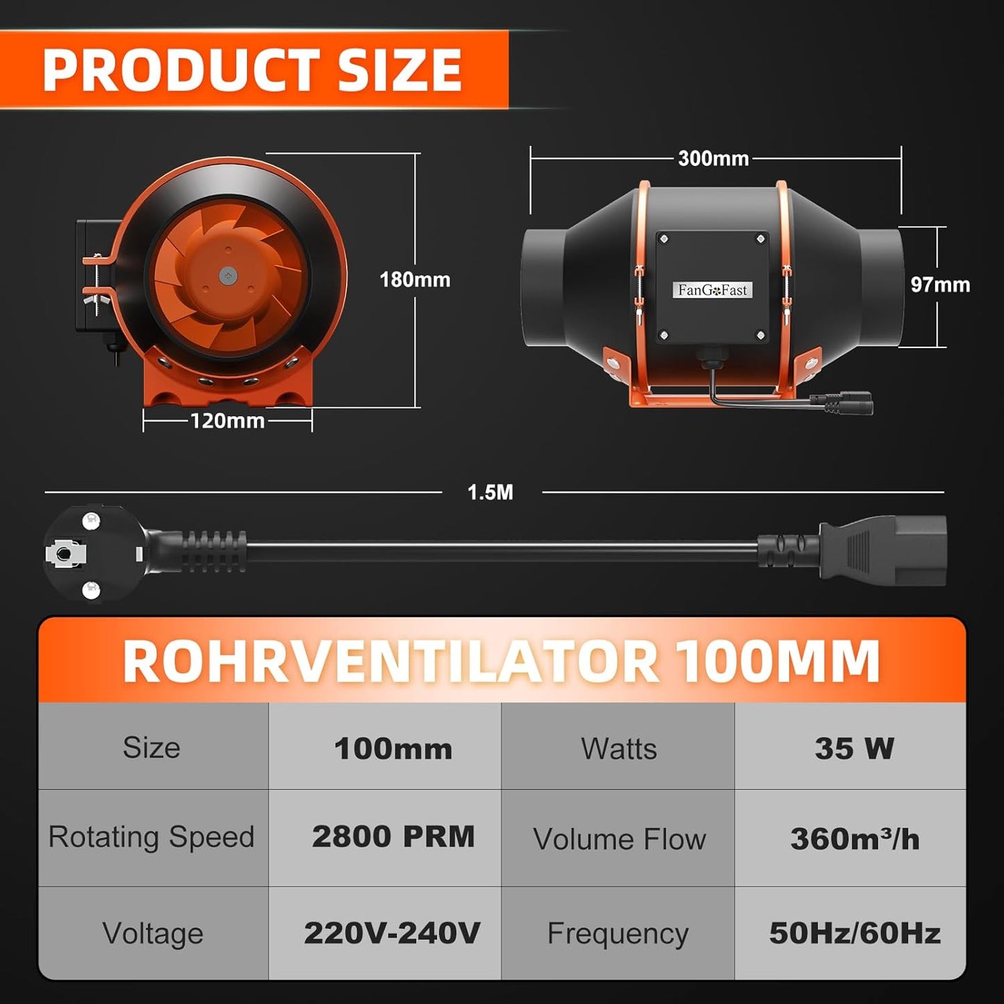 FanGoFast Rohrventilator 100mm Regelbar 365m³/h Rauchabzug EC Motor Inline Abluftventilator Ideal Rohrlüfter mit IEC-Steckdose für Belüftung und Abluftgebläs-230V mit EU-Stecker und 1,5m Netzkabel