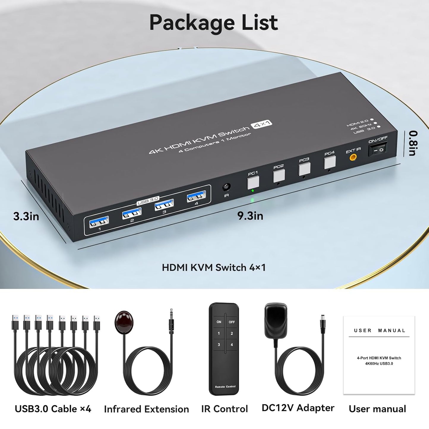 USB3.0 HDMI KVM Switch 4 Computers EDID 4K60Hz 4 Port KVM for 4 PC Sharing 1 Monitor and 4 USB 3.0 Devices with Controller