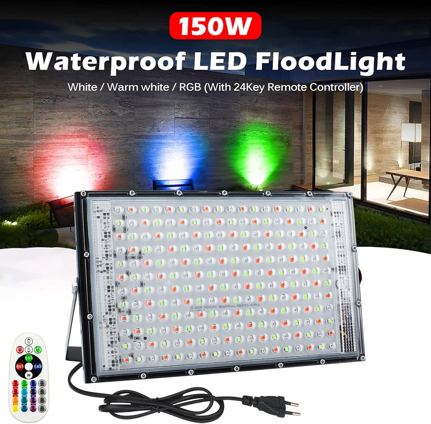 Eleganted LED RGB Outdoor Spotlight, 150 W, 2 Pieces, Super Bright LED Floodlight with Plug, Construction Spotlight, IP65 Waterproof Outdoor Spotlight for Yard, Garden, Garage, Sports Field