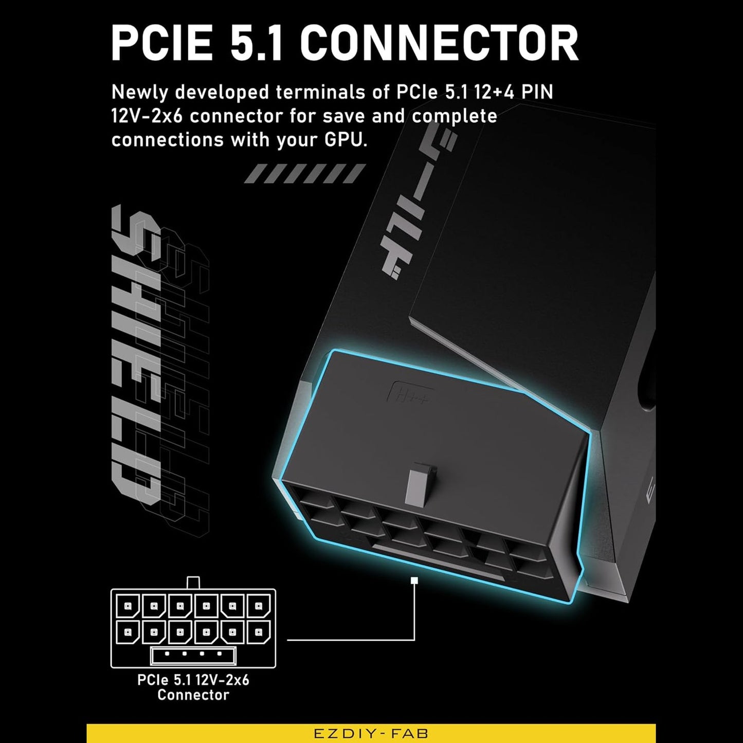 EZDIY-FAB Shield PCIe 5.1 GPU Power Adapter -12VHPWR/12V2x6 16 Pin Right Angle Adapter for 12+4pin RTX 3090Ti 4070Ti 4080 4090 GPU,90 Degree Right Angle - RVS Type, Black, 1 Pack