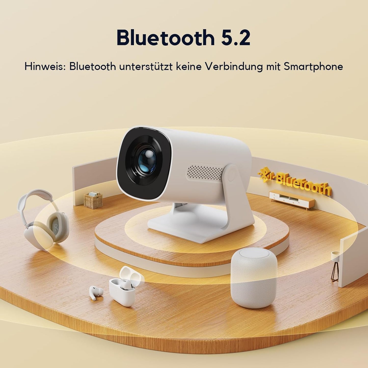 AKIYO Mini Beamer【Automatische Trapezkorrektur】200 ANSI Beamer Handy Full HD 1080P Unterstützt mit Bluetooth 5.2, 270° Drehung und 50% Zoom Projektor Kompatibel mit iOS/Android/PS5/Fire Stick/HDMI/USB