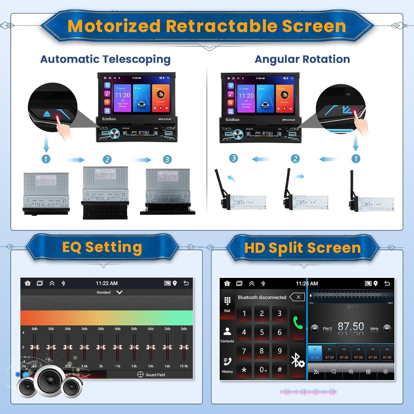 Inefala Android 15 Autoradio 1 Din CarPlay mit motorisiertem Bildschirm (2 + 64G), 7 Zoll Bluetooth Autoradio mit Wireless Android Auto CarPlay Mirror Link FM RDS GPS WiFi Rückfahrkamera AUX USB
