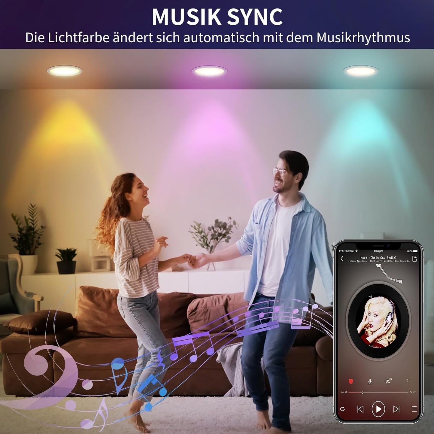 DUSKTEC Smartee LED Spotlight RGB, LED Recessed Spotlight, 230 V Flat, Alexa Compatible, Bluetooth Ceiling Spotlights, Colour Changing, 10 W, 1000 LM, IP44 Recessed Lights, White, Dimmable with App