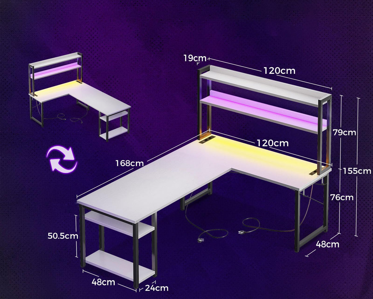 Birou gaming ODK L-shape LED 168x120 cm alb cu prize USB