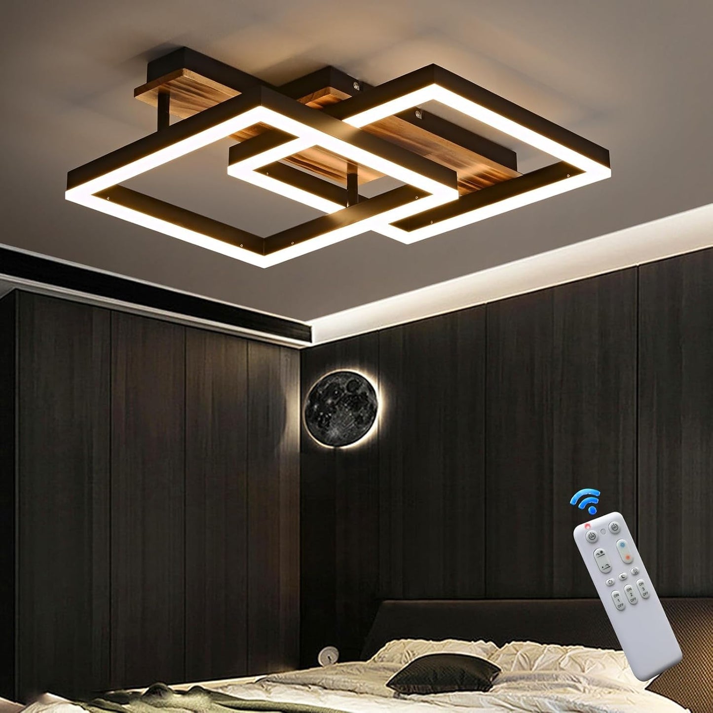 SEATAIN LED Ceiling Light Wood Dimmable Solid Wood Black Frame Vintage Ceiling Light with Remote Control 40 W 47 cm 4000 lm 3000-6000 K Bedroom Lamp Living Room Lamp Memory Function 4 W Night Light