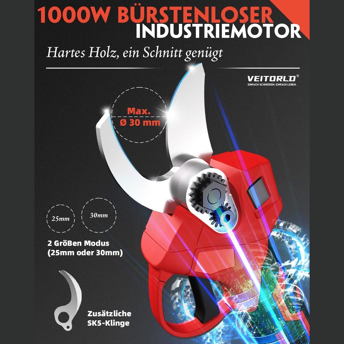 Professional Battery Pruning Shears, 30 mm Garden Shears with 2 Batteries 2000 mAh, 1000 W Brushless Motor Bypass Lopper, Electric Garden Scissors with LED Cutting Meter, Compatible with Makita 18 V