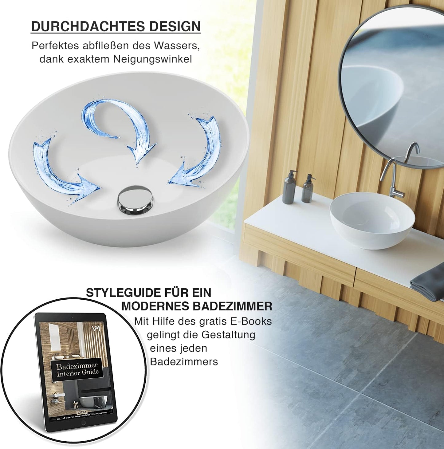 VMbathrooms Premium Round Washbasin with Lotus Effect, Above-Counter Basin for the Bathroom and Guest Toilet, Wash Basin without Tap Hole and without Overflow, Pure White Above-Counter Basin