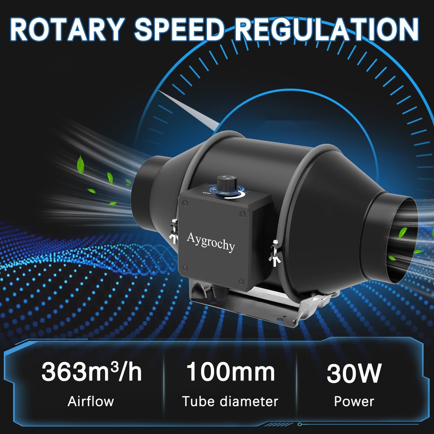 Aygrochy 100 mm adjustable pipe fan, 363 m³/h, three-phase EC motor, smoke extractor fan, inline pipe fan for ventilation and exhaust air fan.