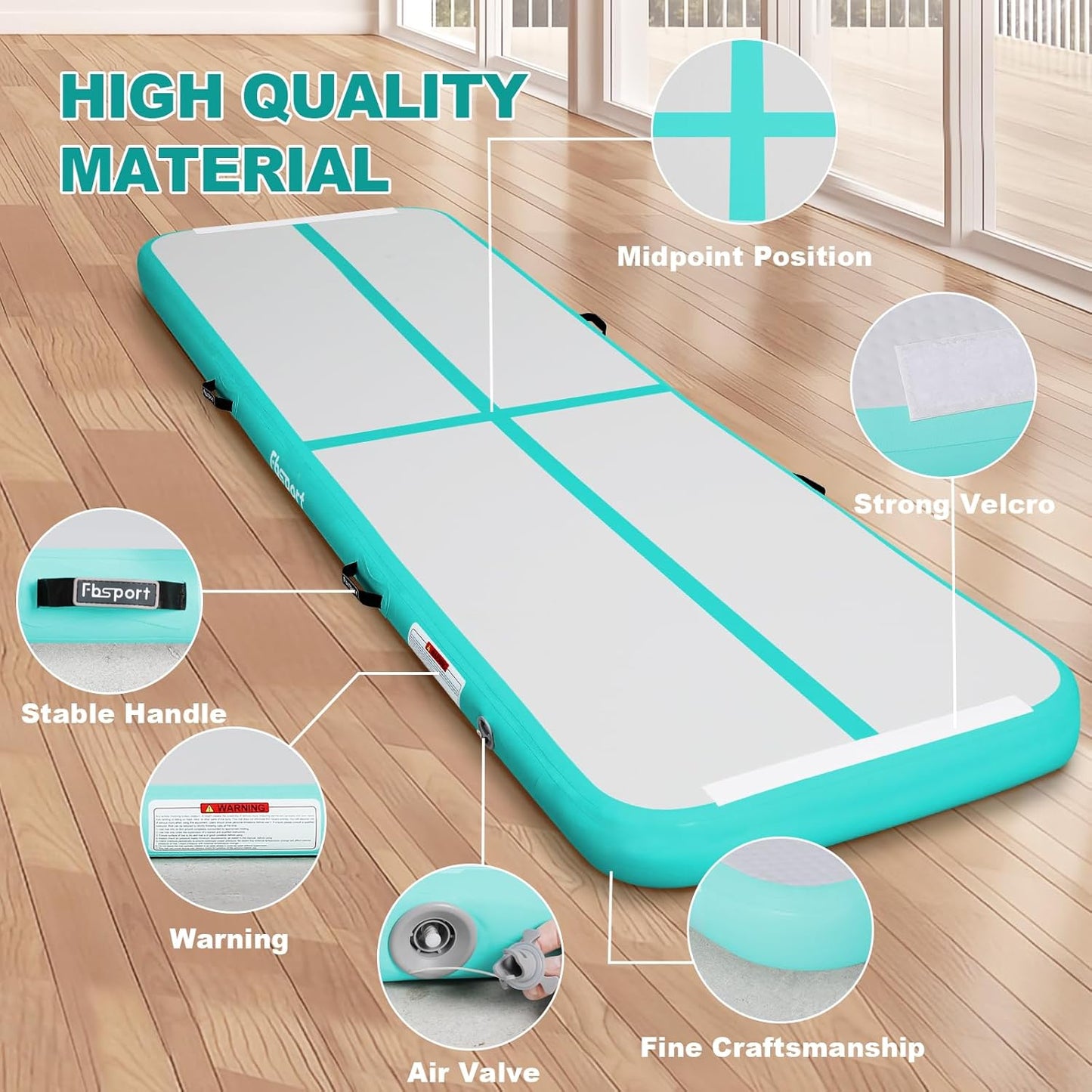 FBSPORT Air Track Mat, 20 cm Height, Thickness 6 m, Tumbling Mat, Gymnastics Mat with Air Pump, Training Mat with Carry Bag, Gym Mat for Home, Outdoors, Yoga