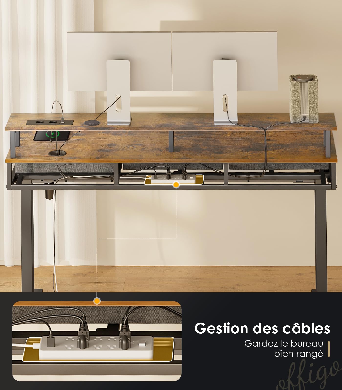 Birou electric OffiGo 140 cm cu 3 sertare, USB, LED