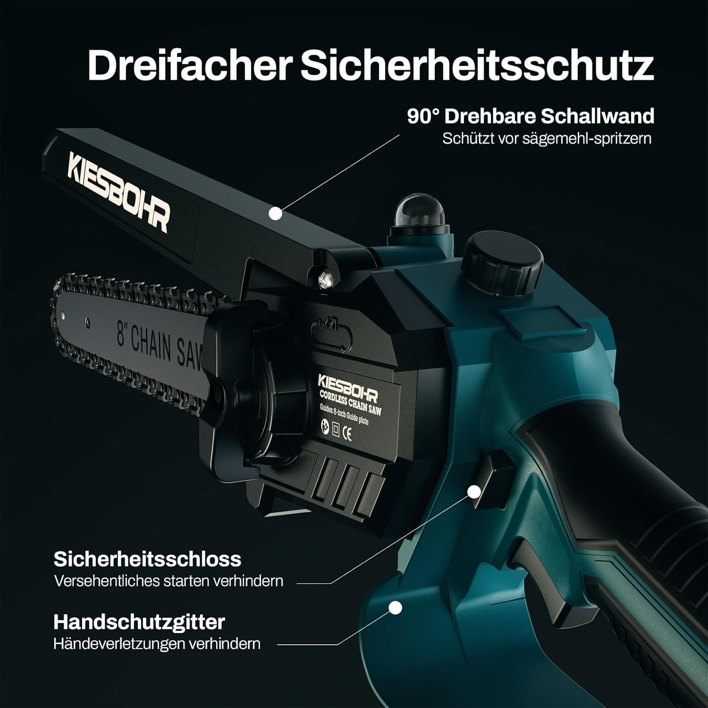 KIESBOHR Cordless Chainsaw, 8 Inch Mini Chainsaw with Chain Lubrication System (Lithium-Ion 21 V, Brushless Electric Motor, 2 Batteries 4000 mAh, 2 Chains) Battery Operated