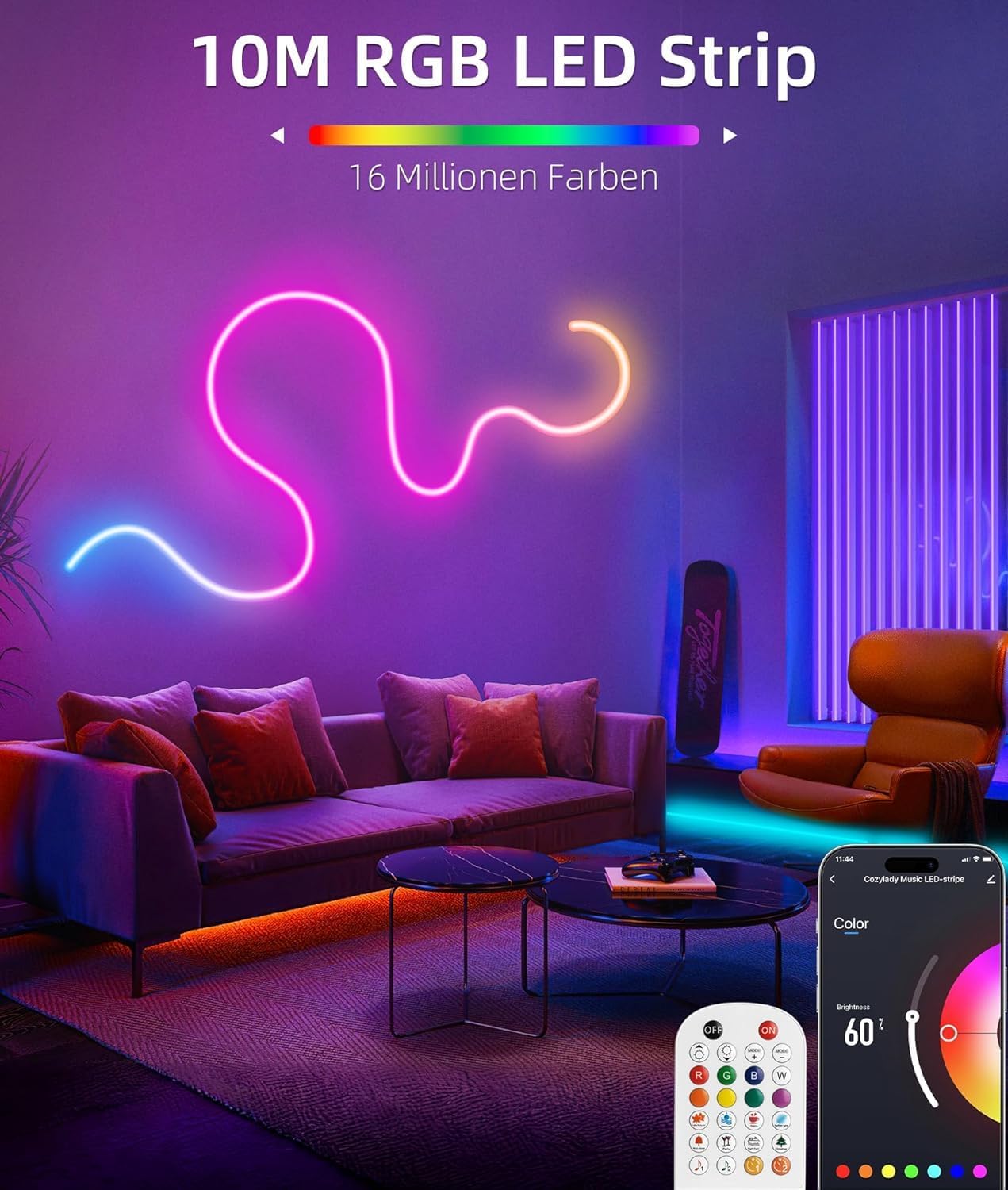 Lamomo RGB LED Strip 10 m, 24 V Neon LED Strip App Control, Waterproof Flexible Outdoor LED Strip, Music Sync Indirect Lighting Strip for Living Room, Bedroom, Playroom