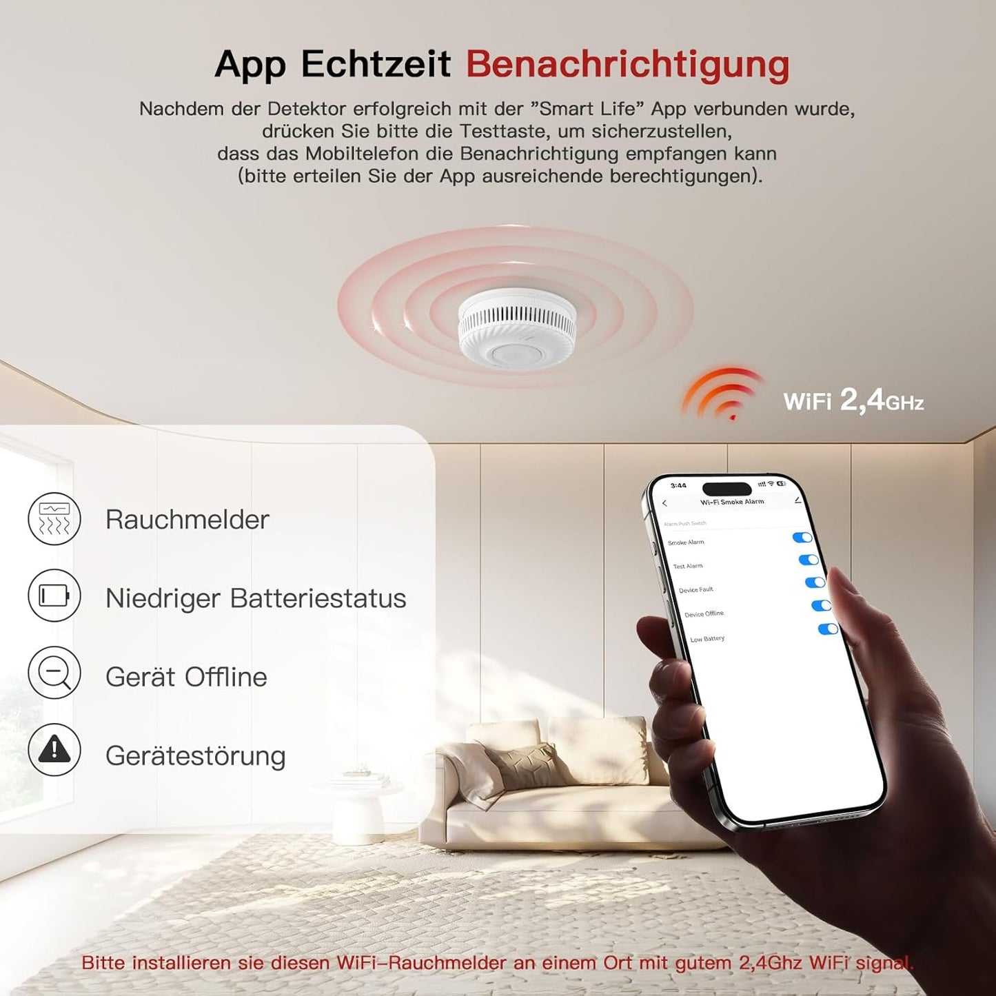 PHYSEN Smart Smoke Detector WLAN 10 Year Battery, Smoke Alarm with Photoelectric Sensor, Fire Detector Complies with TÜV Rheinland & EN14604 Certified, Compatible with Tuya/Smart Life App, Pack of 6