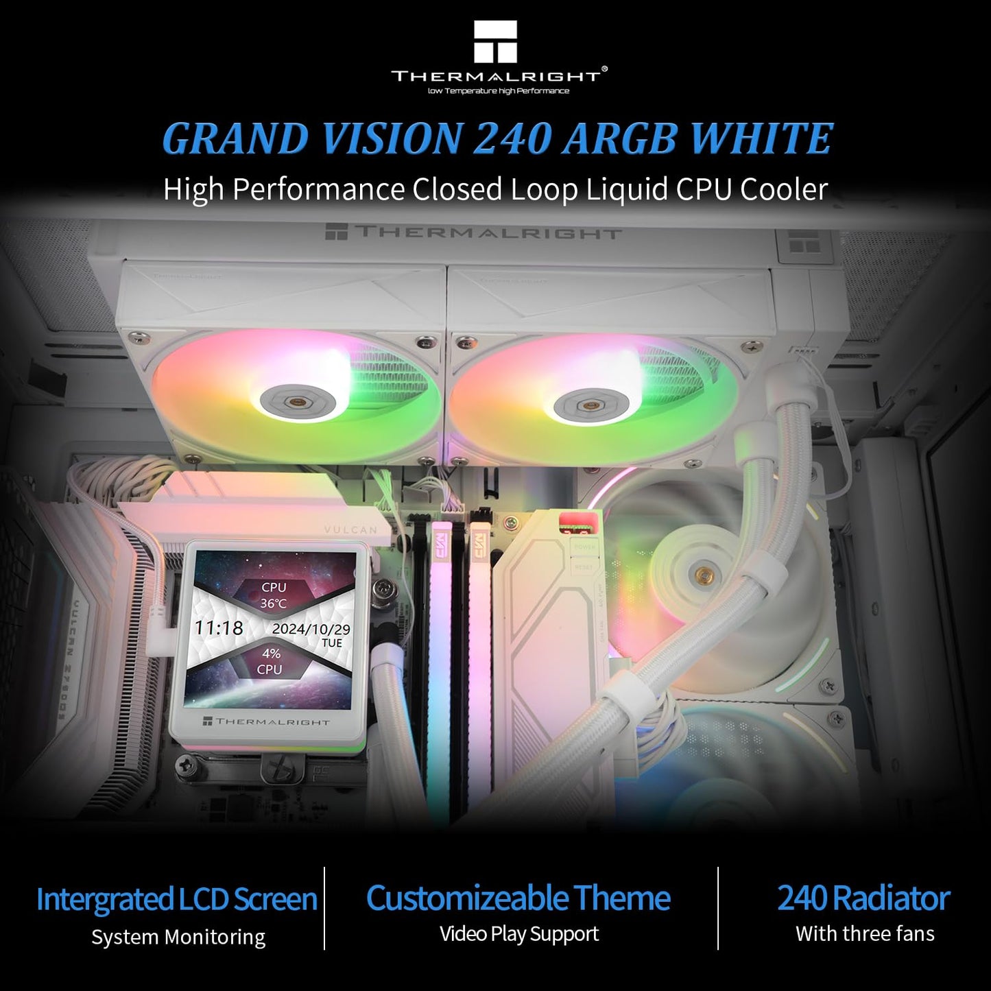 Thermalright Grand Vision 240 ARGB White AIO CPU Liquid Cooler,IPS LCD Screen with 480x480 Resolution,for AM4/AM5/LGA1851/1700,‘3.4 inch’Magnet-Absorbent LCD Screen for Images,Water-Cooled Radiator