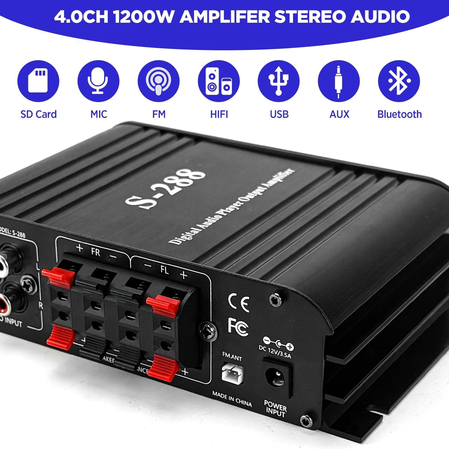 4.1 Channel Amplifier, 1200 W Mini HiFi Stereo Amplifier, Bluetooth 5.0 for Home Speakers 35 W x 4 from 110-240 V to DC 12 V with USB/Microphone/FM with Remote Control