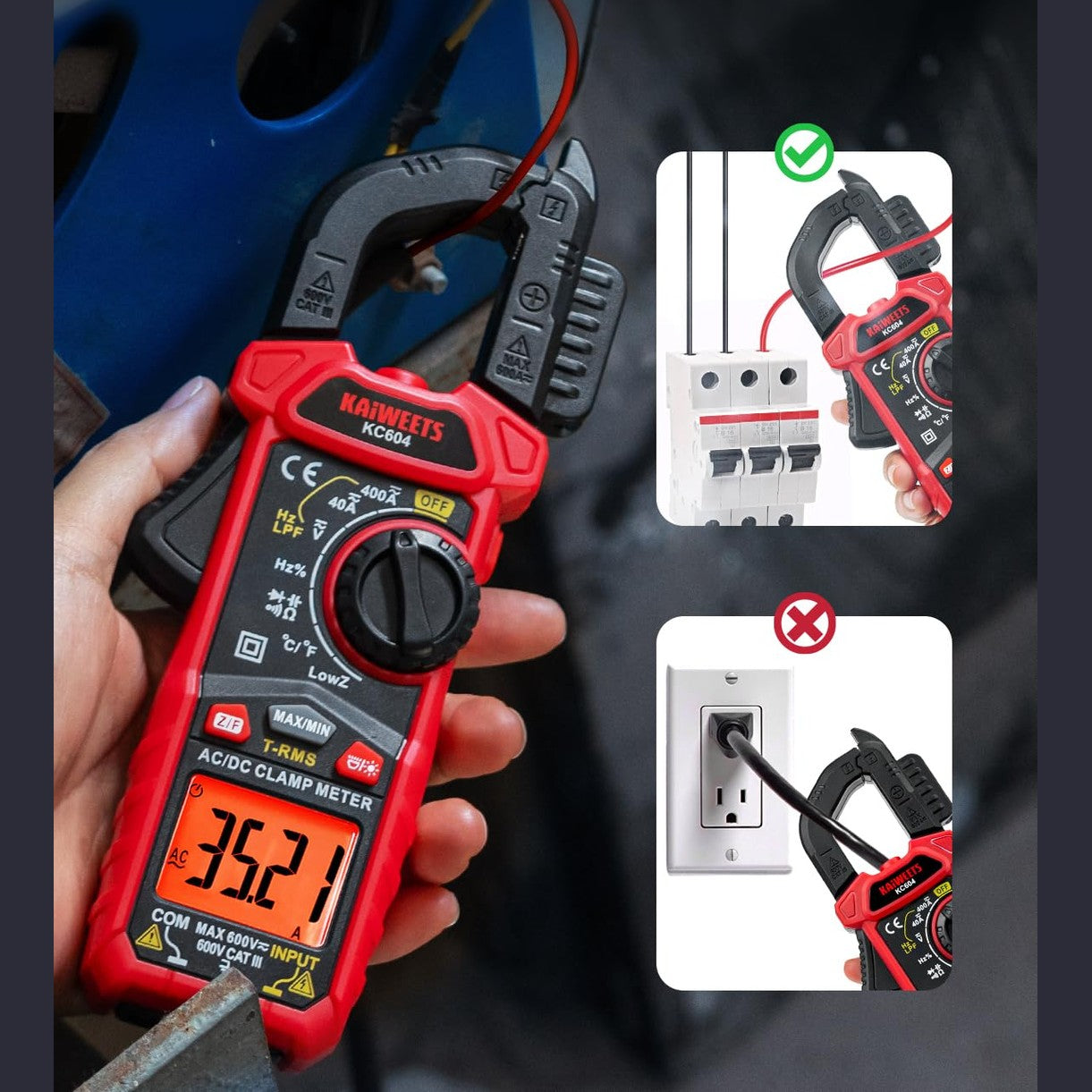 KAIWEETS Current Clamp AC DC, Current Meter True-RMS 4000 Count, Clamp Ammeter Torch Backlight for Measuring AC/DC Voltage Current Temperature Continuity Diode NCV, KC604
