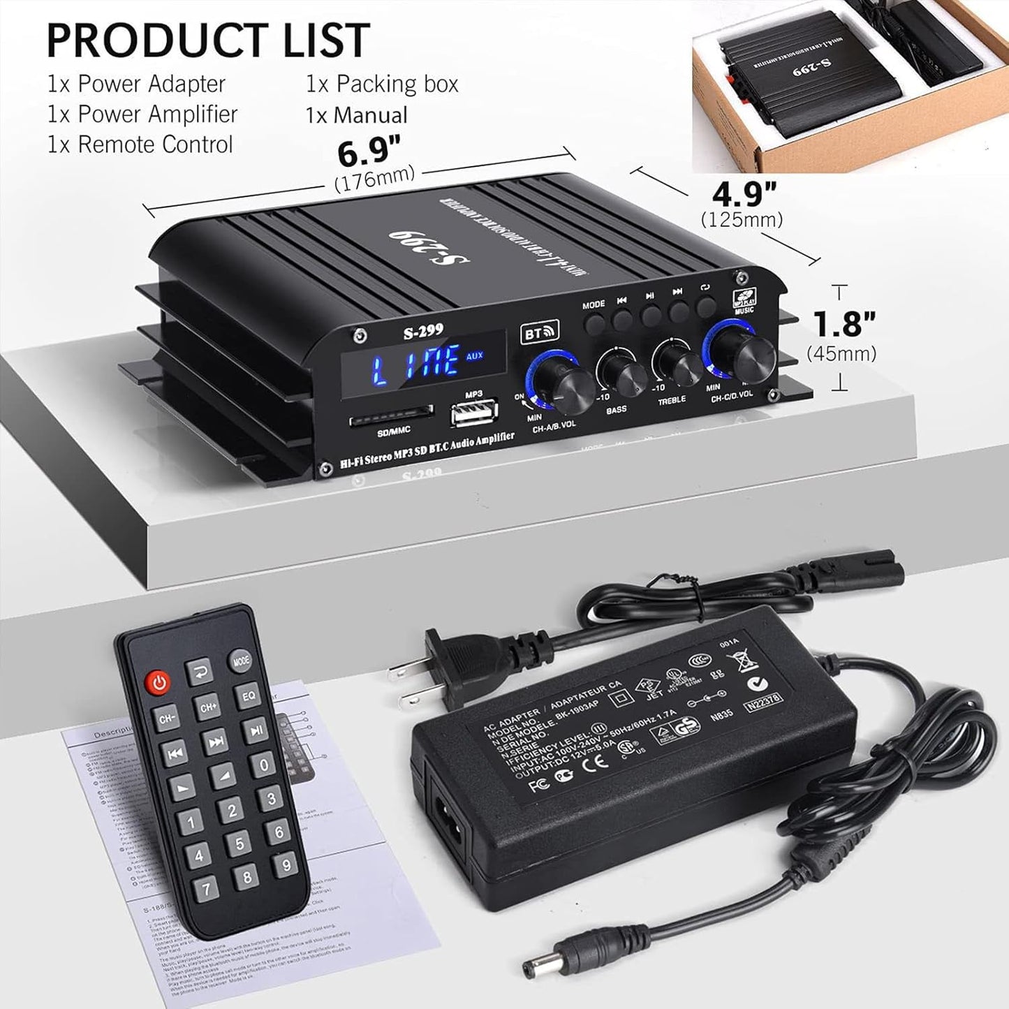 4.1 Channel Bluetooth Power Amplifier with Active Subwoofer Output, 40Wx4 Subwoofer Amplifier, Integrated HiFi Mini Amplifier Speaker, S-299 5.0 Bluetooth Amplifier with Remote Control