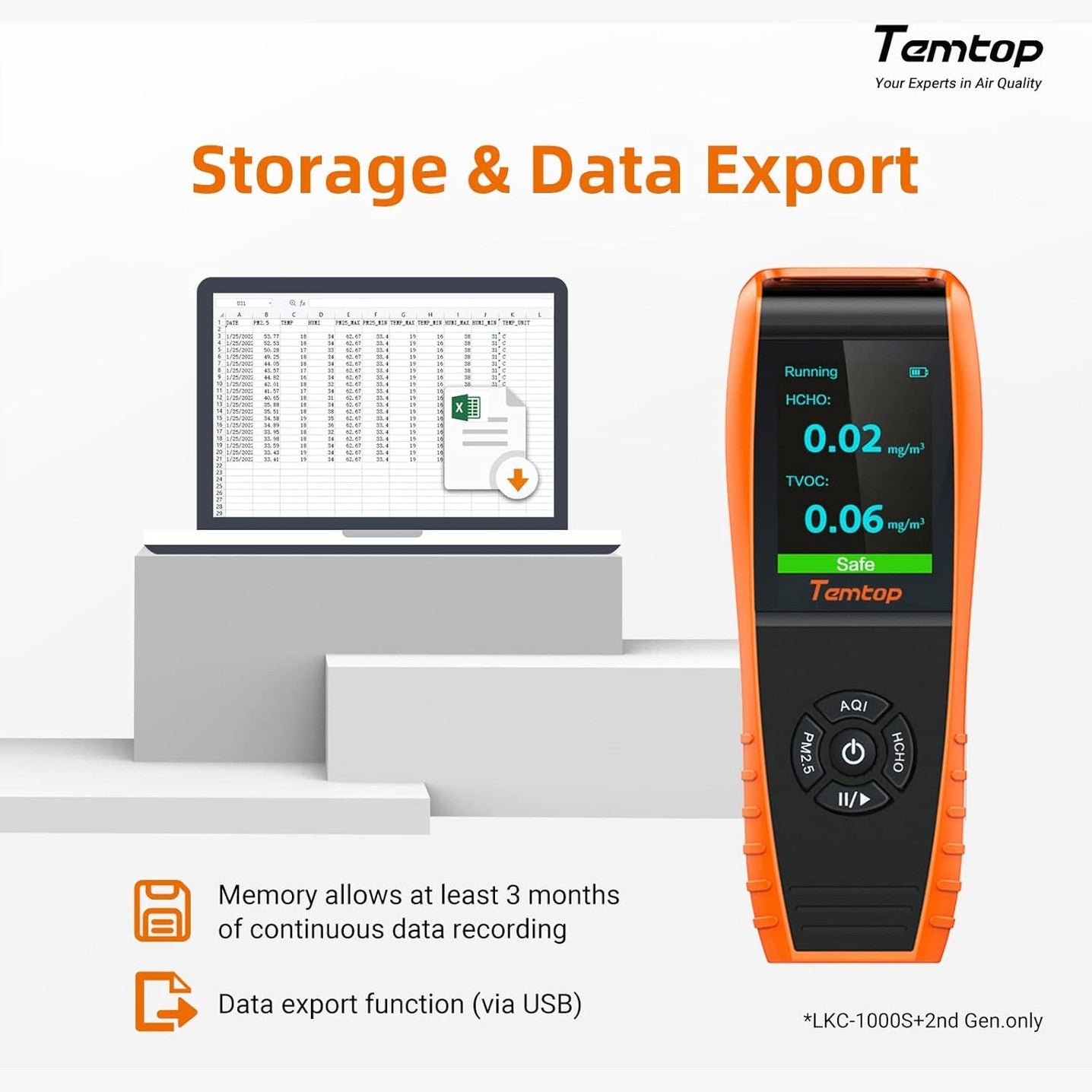 Temtop Air Quality Monitor Detects PM2.5 PM10 Formaldehyde TVOC AQI Temperature Humidity Tester Particle Counter Indoor Outdoor Air Pollution Detector with Data Export, LKC1000S+ 2nd