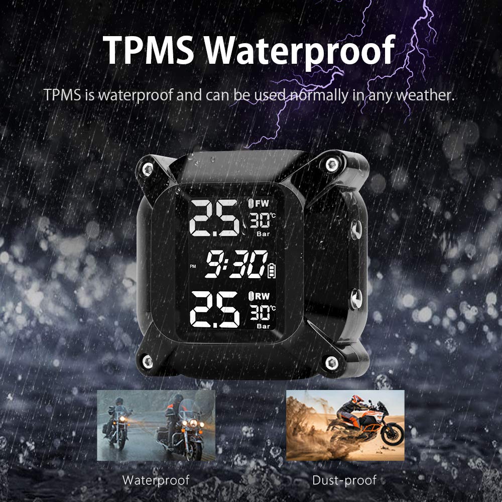 Jansite Motorcycle TPMS Wireless Tyre Pressure Monitoring System with 2 External Sensors LCD Display Car Alarm System Anti-Off & Waterproof Waterproof