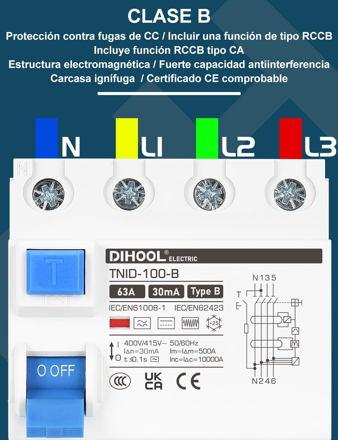 DIHOOL RCD type B fi afbryder reststrøm enhed FI-kontakt DIN hat skinne 4-polet 63 A 30mA