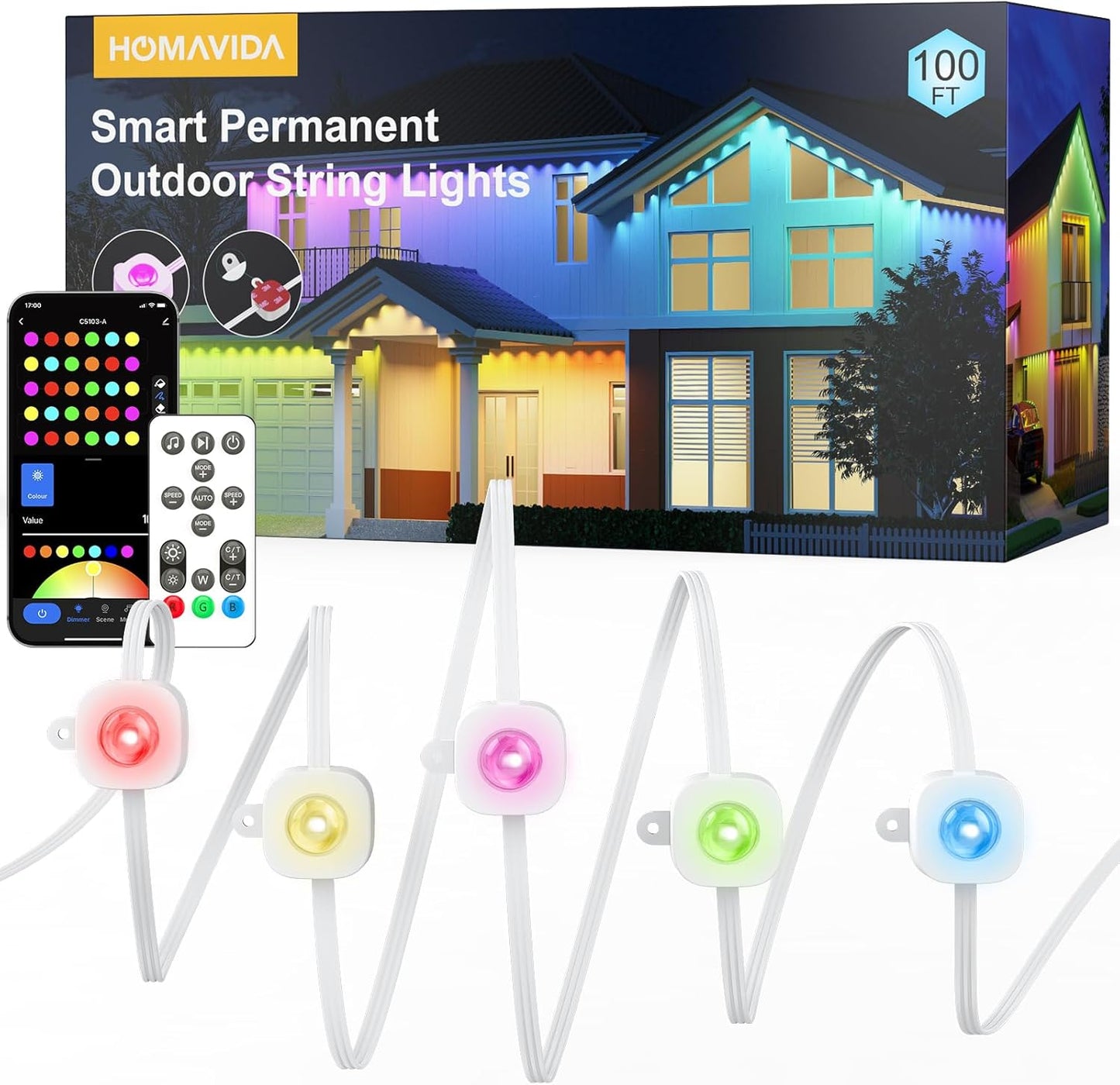 HomaVida Permanent Outdoor Lights 100ft, Christmas DIY Decor, Smart RGB+IC Outdoor Lights for House with Remote, 72 LED IP65 Waterproof Eave Light for Holiday, Party, Work with Alexa, Google Assistant