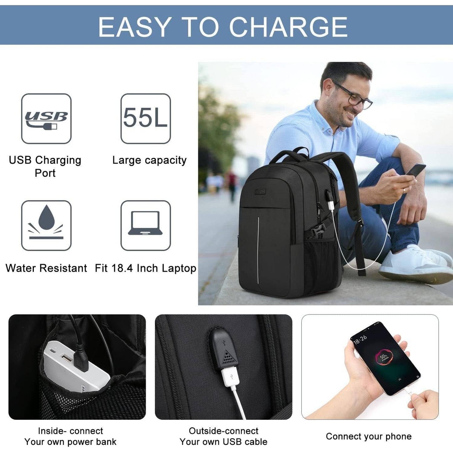 18.4 Laptop Backpack,Extra Large Travel Backpack for Men 55L,Water Resistant Laptop Backpack Work bag with USB Charging Port Business TSA Approved Computer Rucksack for Men Women College School,Black